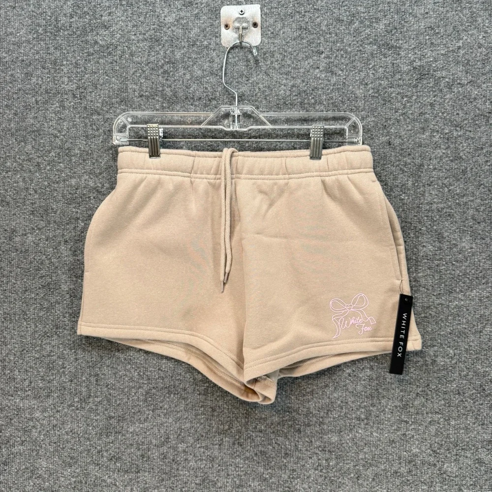 White Fox Sweat Shorts Womens Small Tan Pink Bow Fleece‎ Stretch Waist NEW